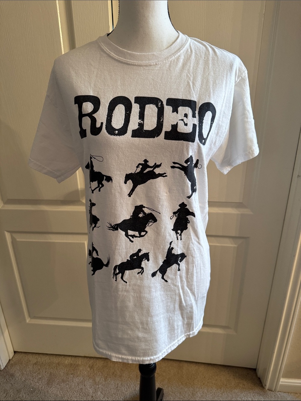 White Tee with Black Rodeo Silhouettes - Size Medium